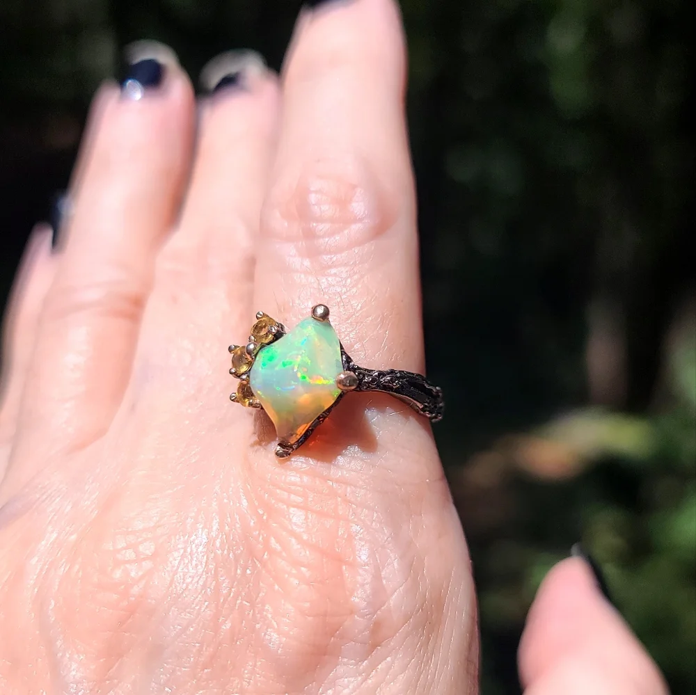 Raw Fire Opal & citrine Sterling & Rhodium ring sz 8.5 - Picture 3 of 8